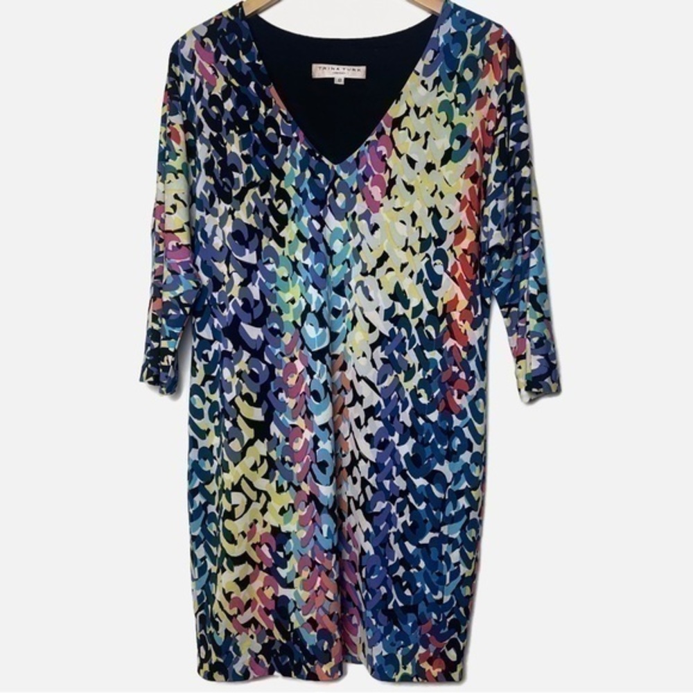 Trina Turk Dominica Multicolor Printed 3/4 Sleeve V-Neck Lined Dress Size 8